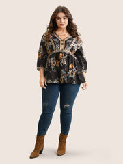 Boho Print V Neck Button Detail Gathered Blouse