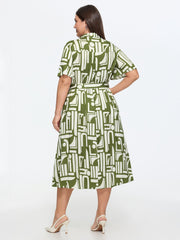 Geometric Print Pockets Collared Midi Dress