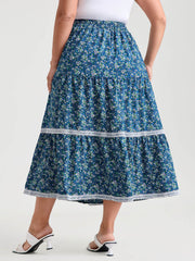 Floral Print Lace Trim Flowy Maxi Skirt