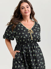 Floral Print Neck Tie Contrast Midi Dress