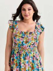 Playful Floral Print Ruffled Straps Midi Dress