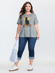 Midnight Cat Print Stretchy T-Shirt