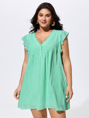 Cotton Toothpick Pleated Plain Mini Dress