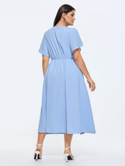 Petal Sleeve Drawstring Waist Plain Maxi Dress