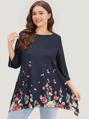 Floral Print Crew Neck Asymmetrical Hem T-shirt