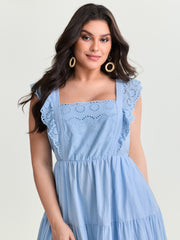 Cotton Flutter Sleeve Tiered Plain Midi Dress