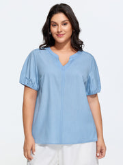 Supersoft Puffy Sleeve Notched Collar Plain Faux Denim Blouse