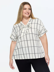 Geometric Print Ribbon Neckline Blouse