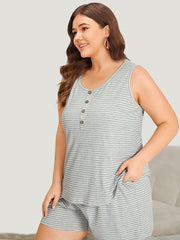 Striped Print Button Detail Pajama Top