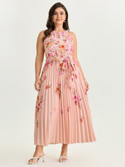 Floral Print Pleated Skirt Midi Dress