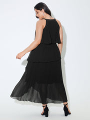 Halter Neck Layered Pleated Texture Maxi Dress