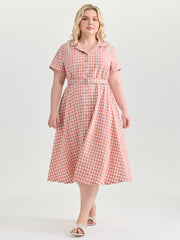 Retro Gingham Print Collared Midi Dress
