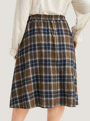 Plaid Button Detail Elastic Waist Woven Skirt