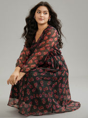 Floral Mesh Elastic Waist Lantern Sleeve Dress