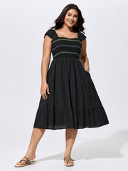 Shirred Flutter Sleeve Plain Midi Dress