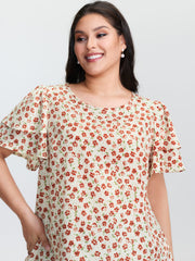 Floral Print Layered Sleeve Round Neck Blouse