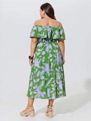 Floral Print Shirred Off-Shoulder Midi Dress