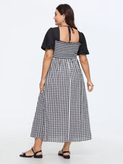 Cotton Gingham Print Color Contrast Midi Dress