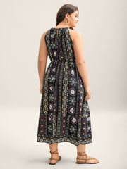 Rayon Tropical Boho Print Stretchy Midi Dress