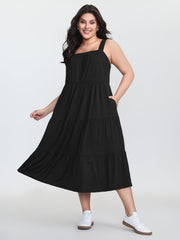 Pleated Wide-Straps Plain Midi Dress