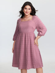 Textured Shirred Bodice Square Neckline Mini Dress