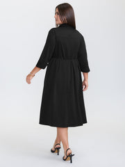 Pleated Placket Flowy Solid Color Midi Dress