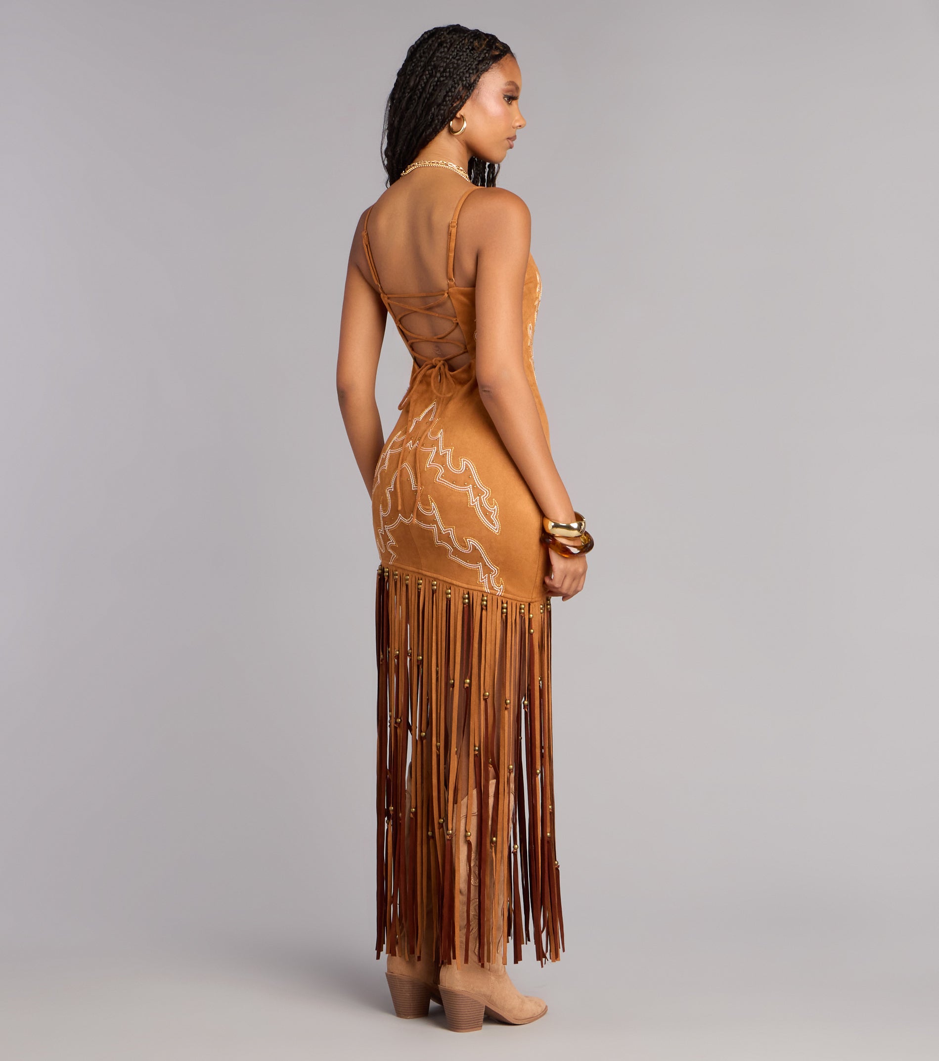 Willa Western Faux Suede Fringe Dress