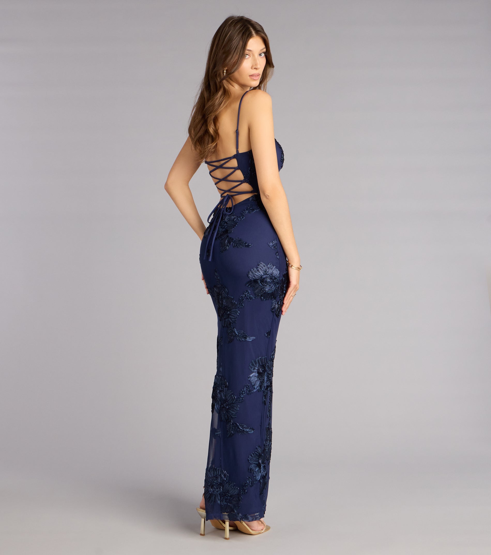 Leona Floral Mesh High Slit Column Dress