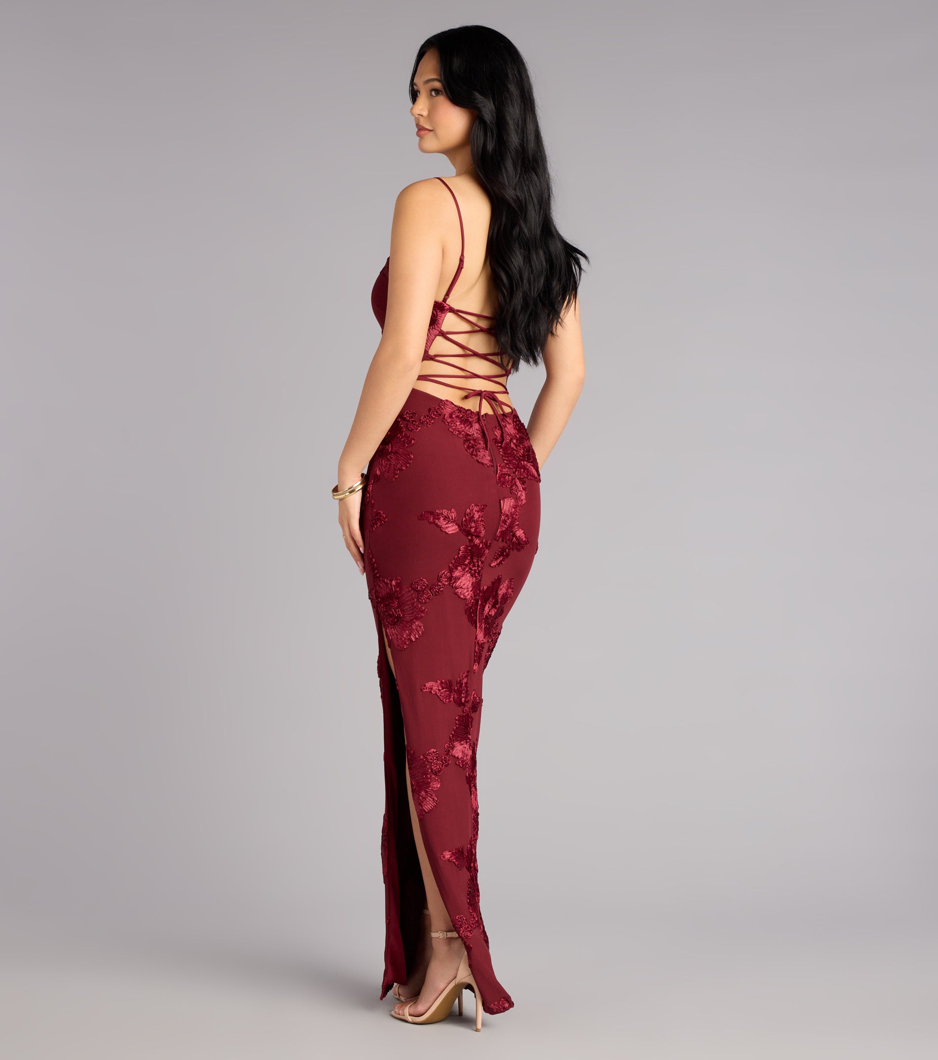 Leona Floral Mesh High Slit Column Dress