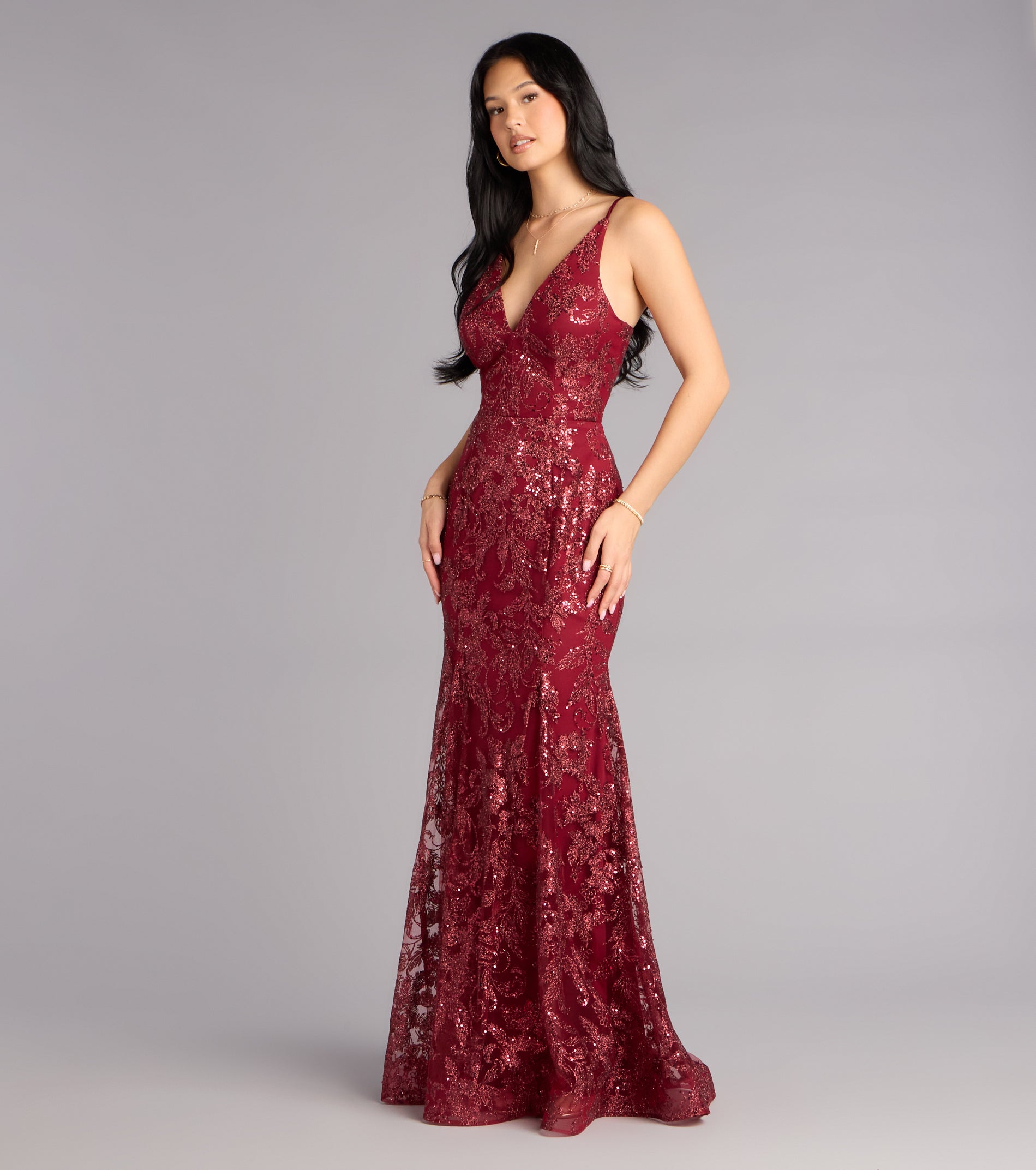 Myra Glitter Sequin Floral Mesh Mermaid Dress