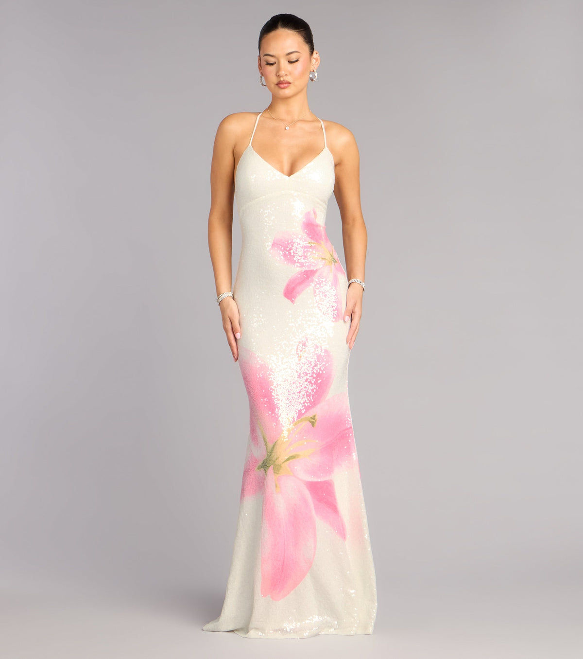 Maia Floral Print Sequin Mermaid Dress