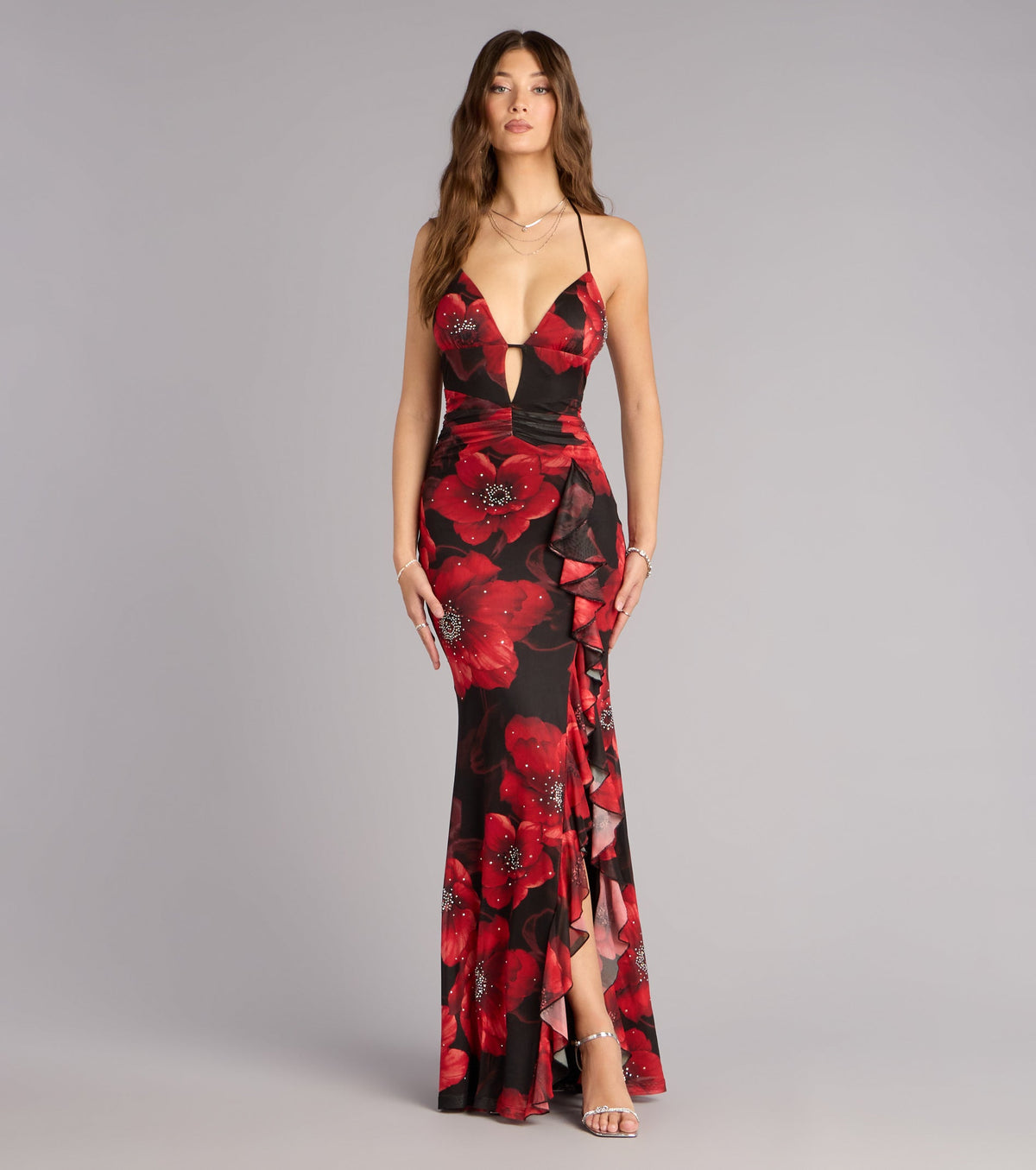 Christen Floral Rhinestone Mesh Formal Dress