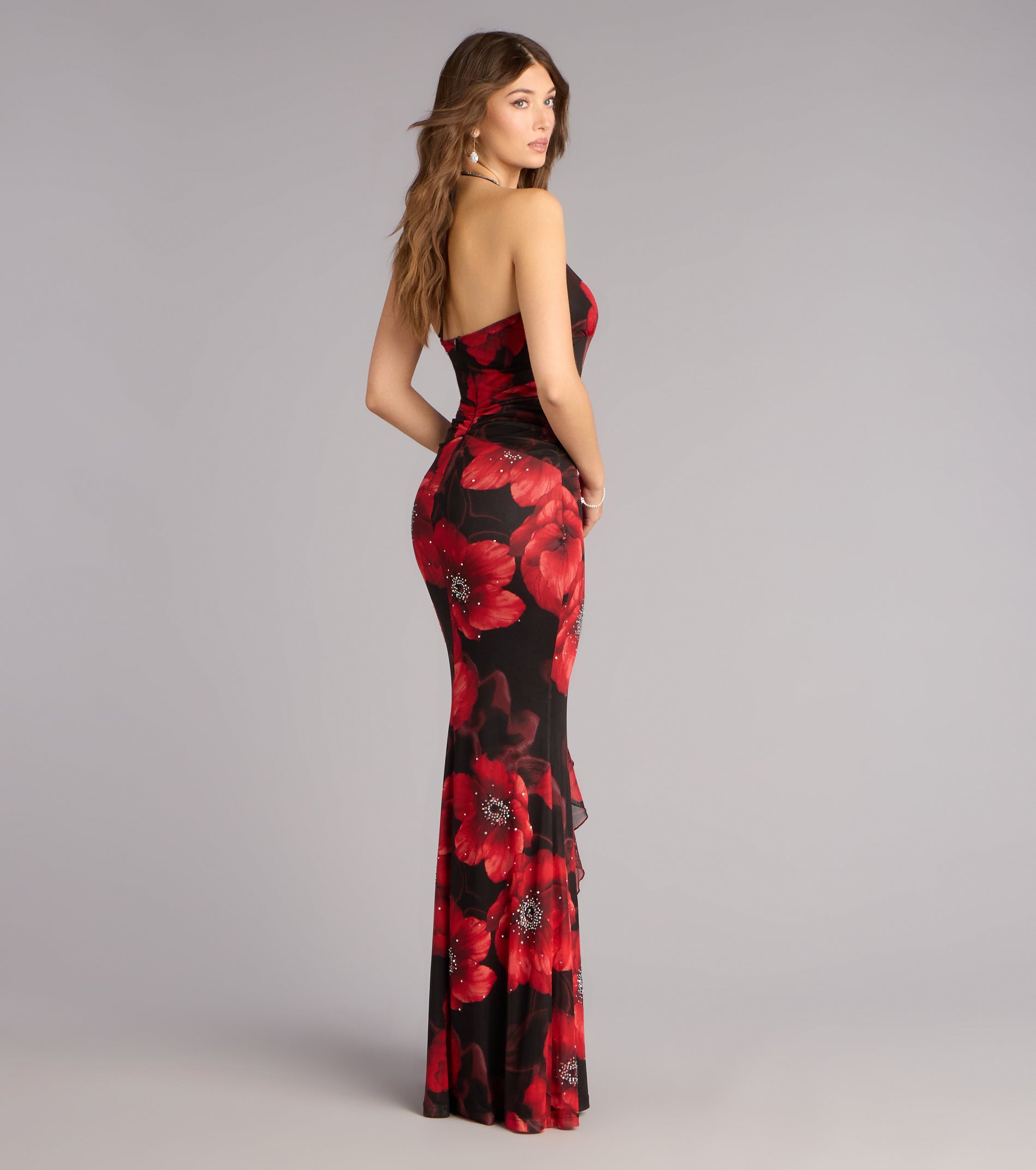 Christen Floral Rhinestone Mesh Formal Dress