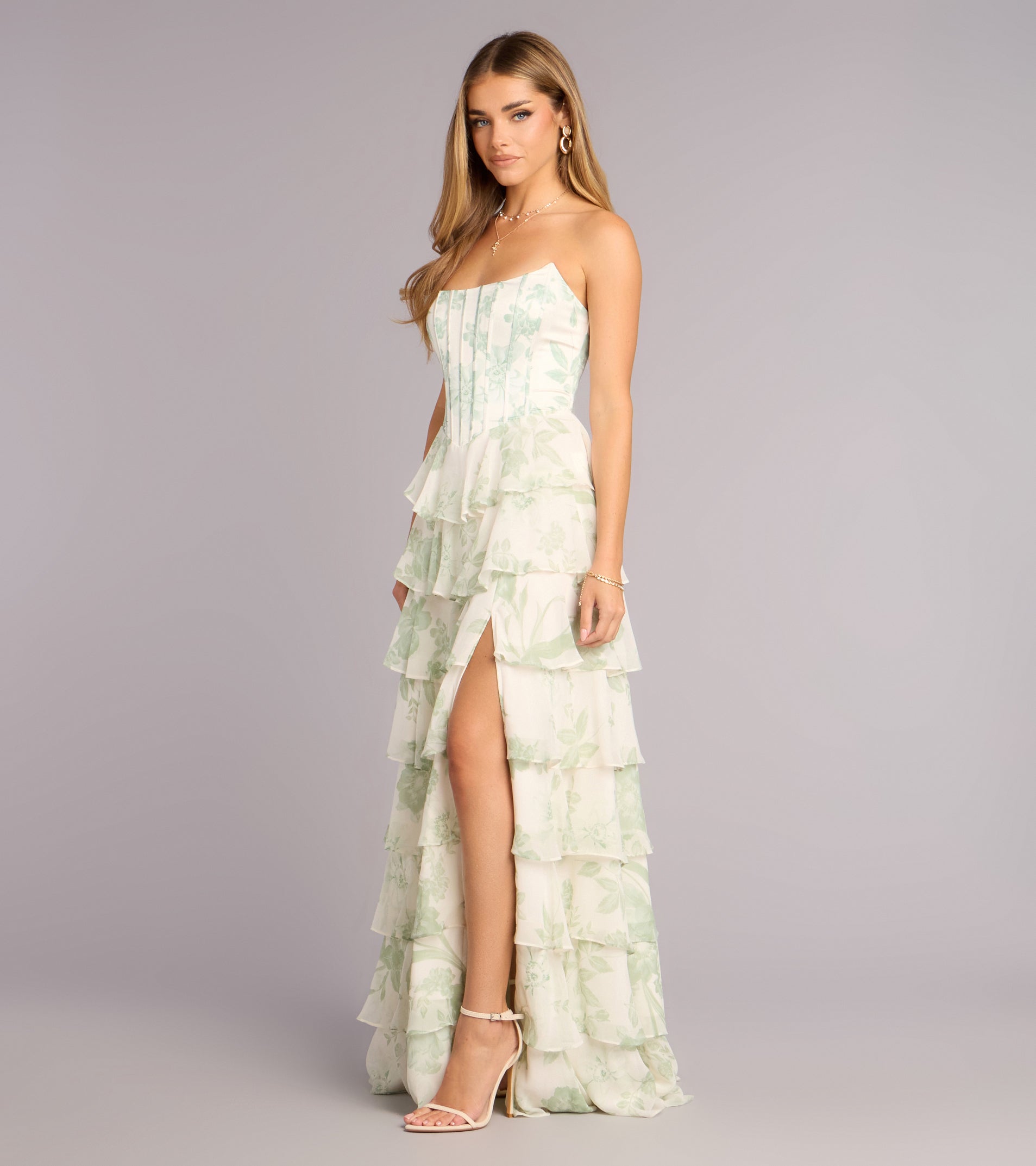 Lilyana Floral Chiffon Strapless Ruffle A-Line Dress