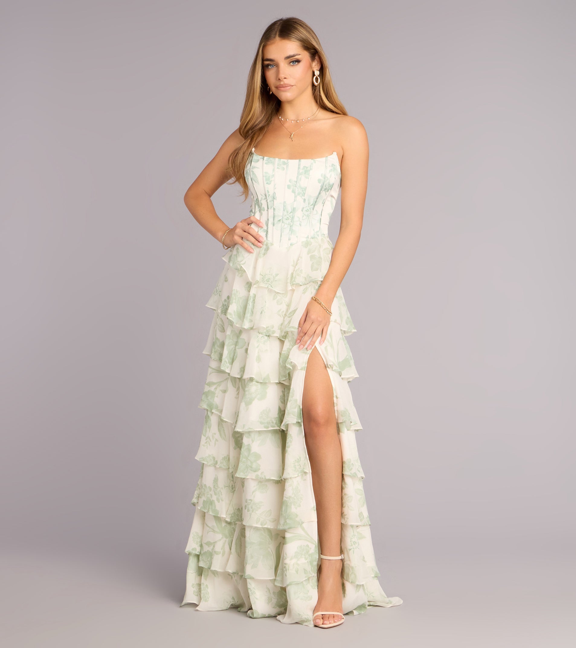 Lilyana Floral Chiffon Strapless Ruffle A-Line Dress