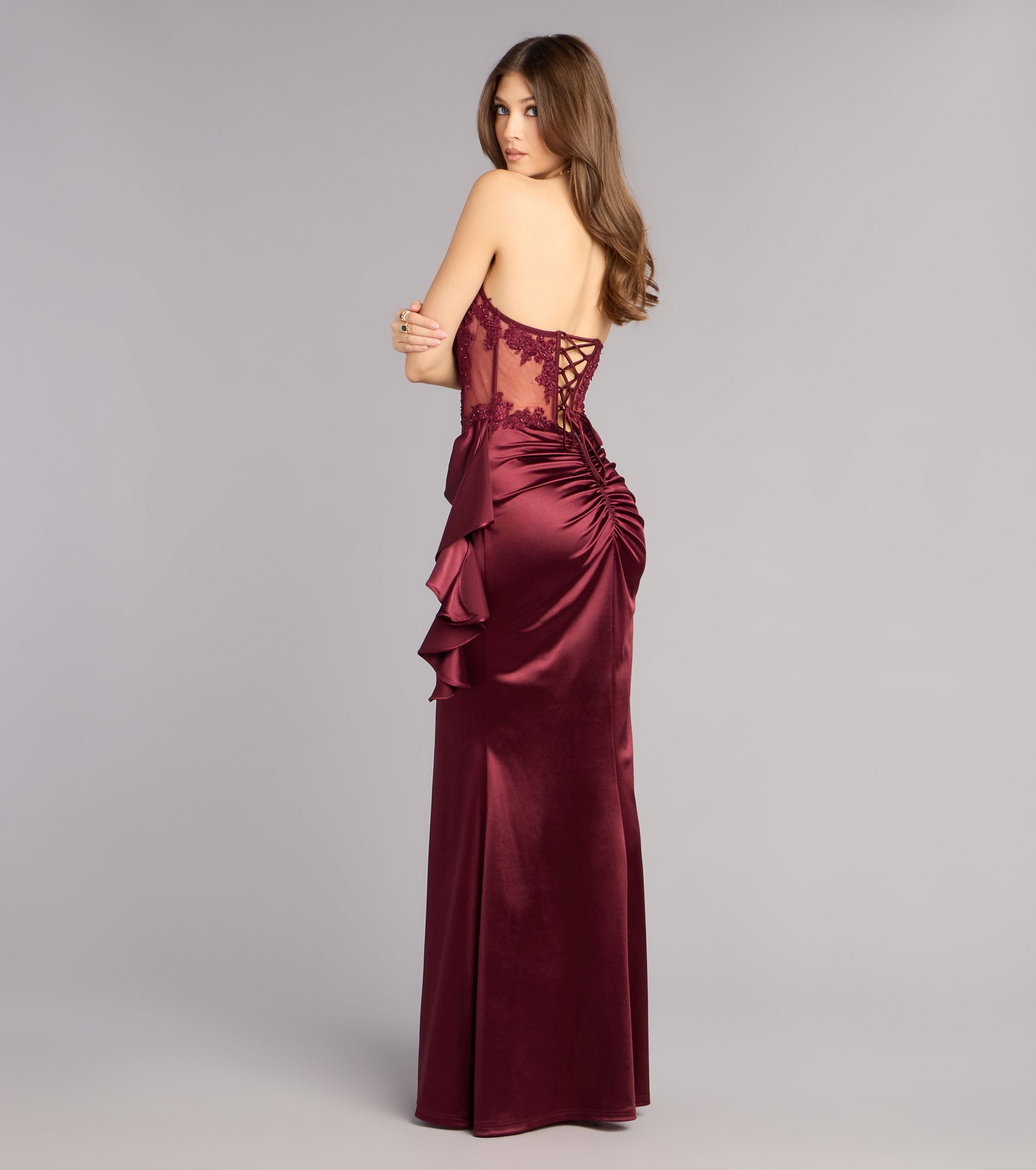 Sharon Floral Applique Satin Formal Dress
