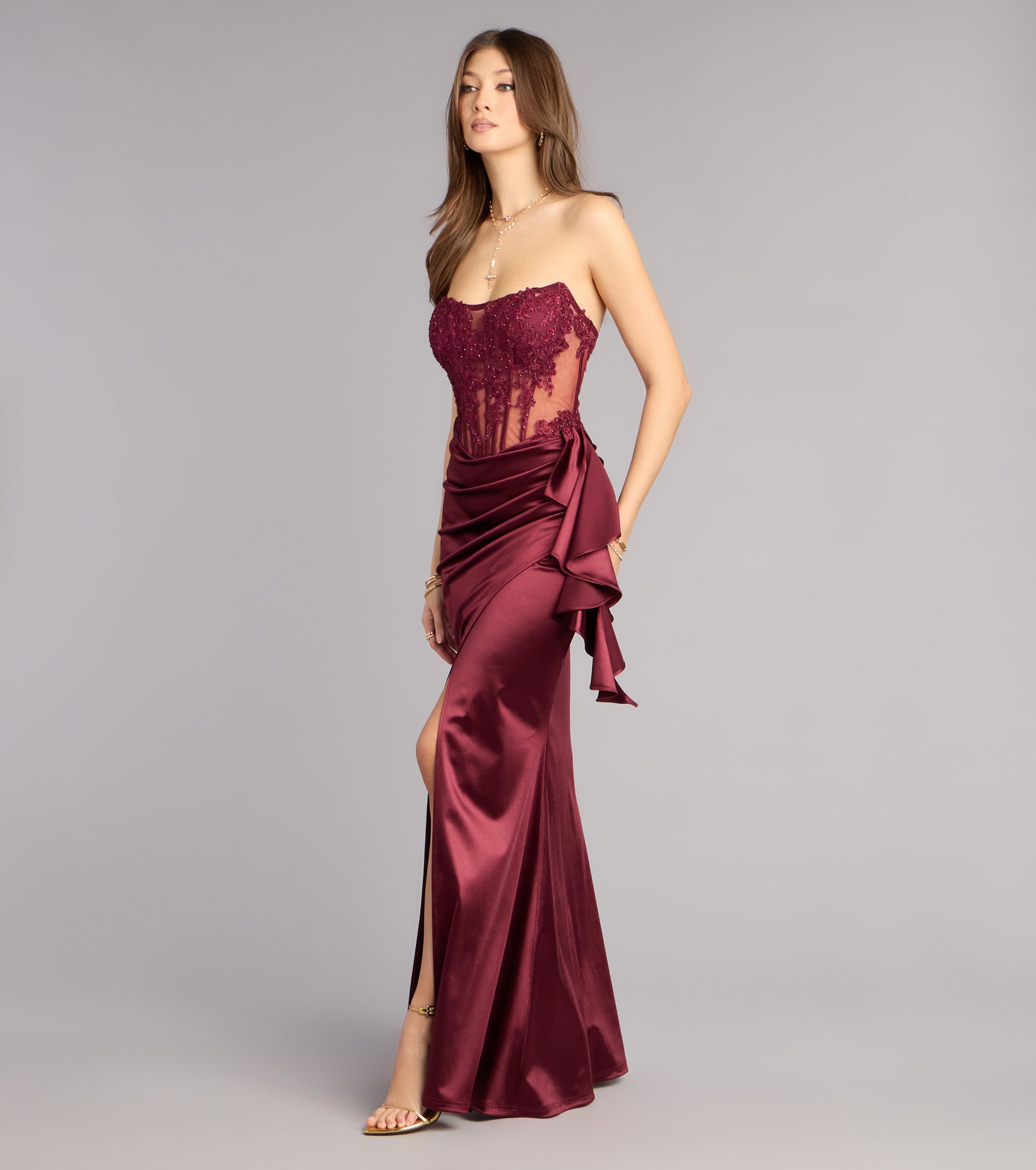 Sharon Floral Applique Satin Formal Dress