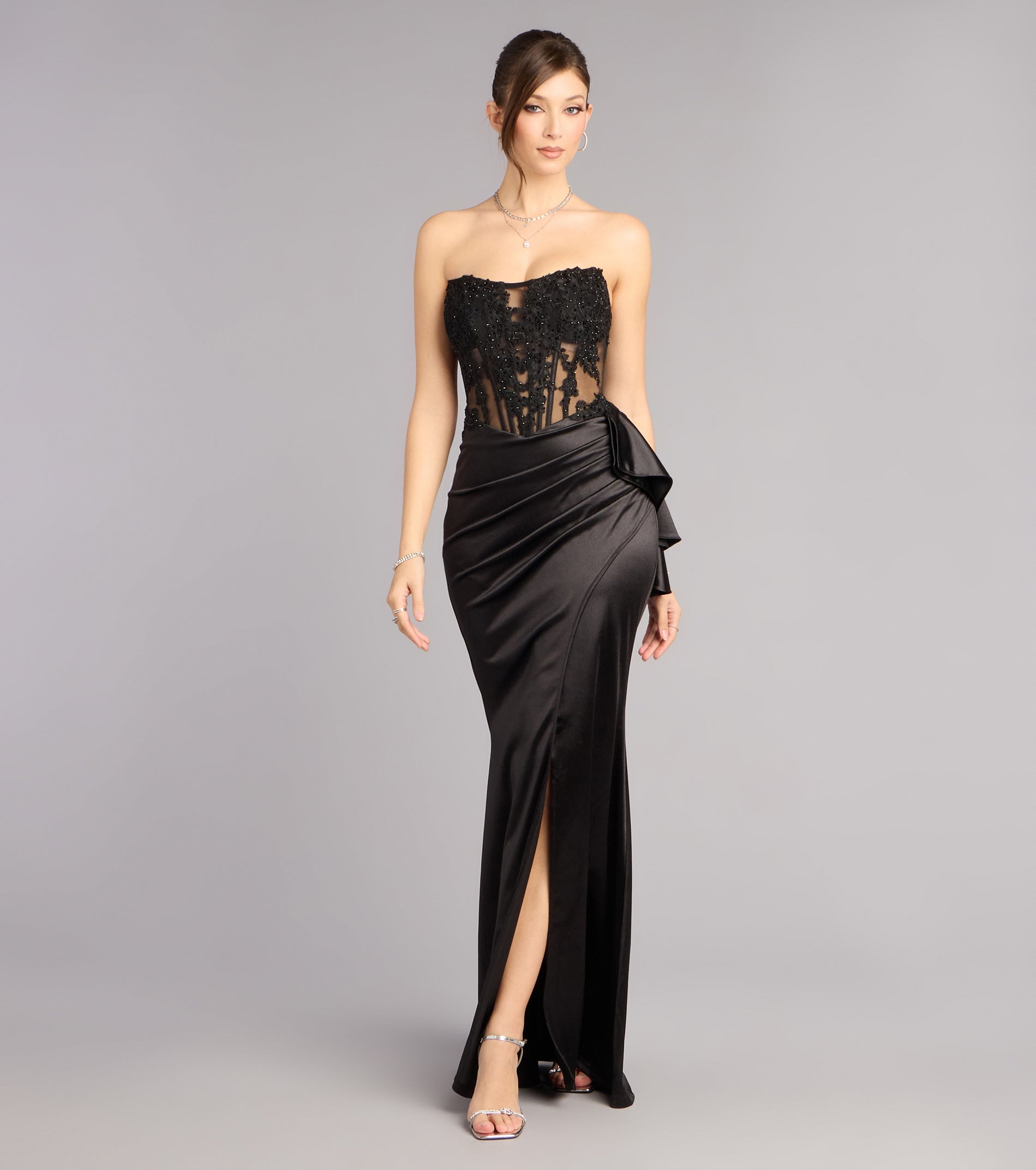 Sharon Floral Applique Satin Formal Dress