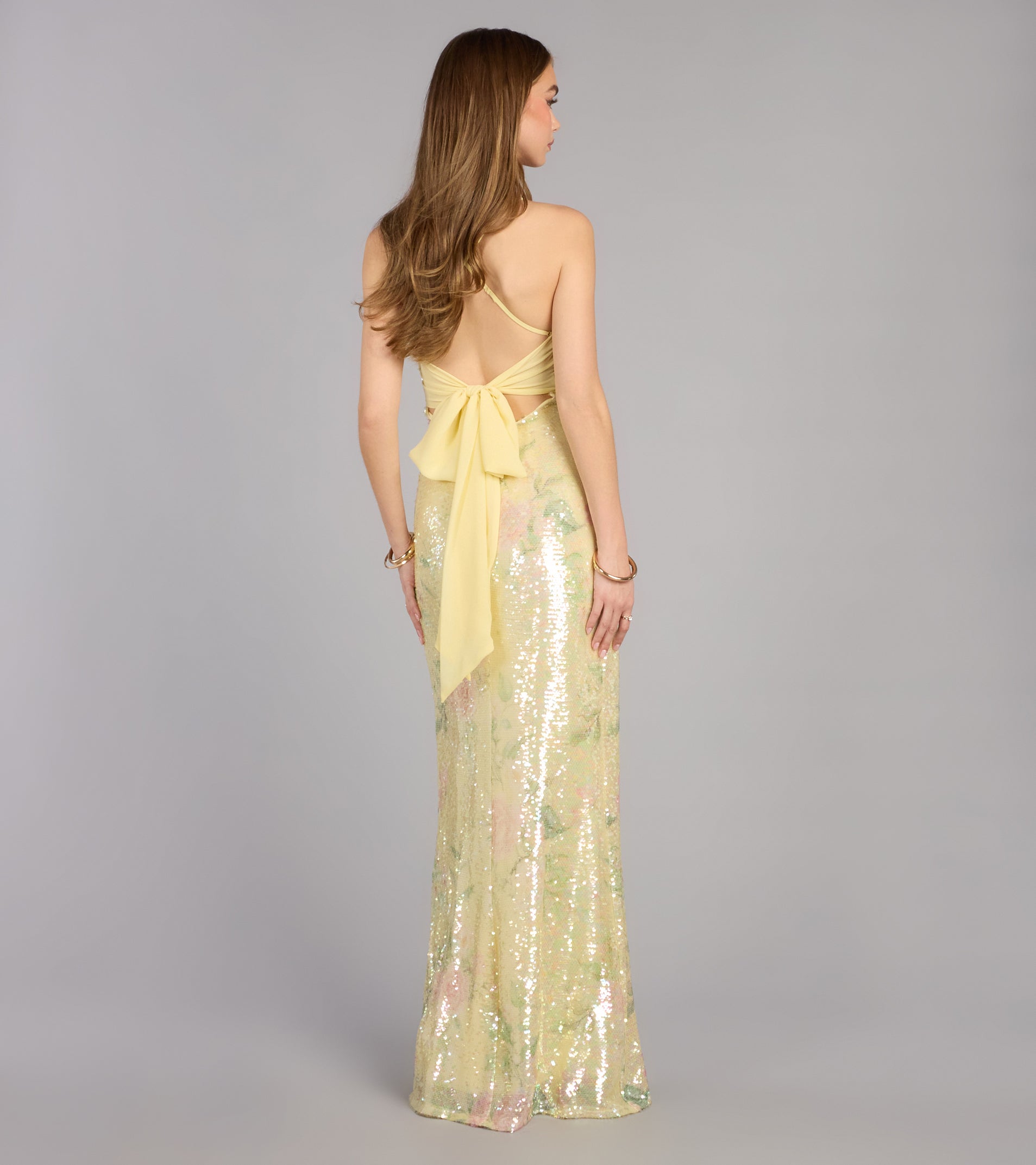 Brinley Bow Back Floral Sequin Column Dress
