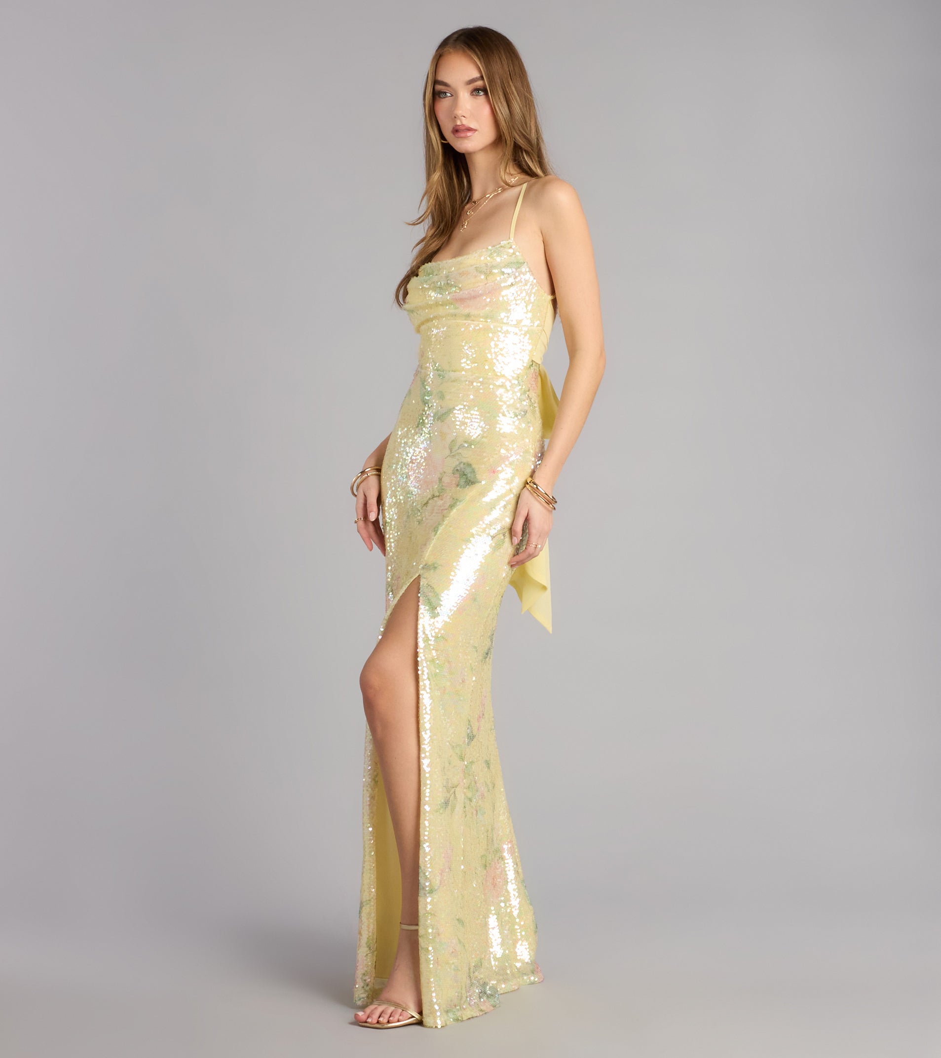 Brinley Bow Back Floral Sequin Column Dress