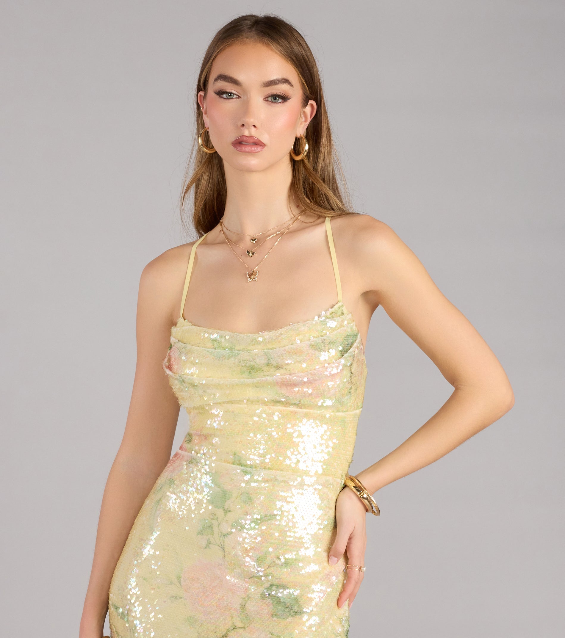 Brinley Bow Back Floral Sequin Column Dress