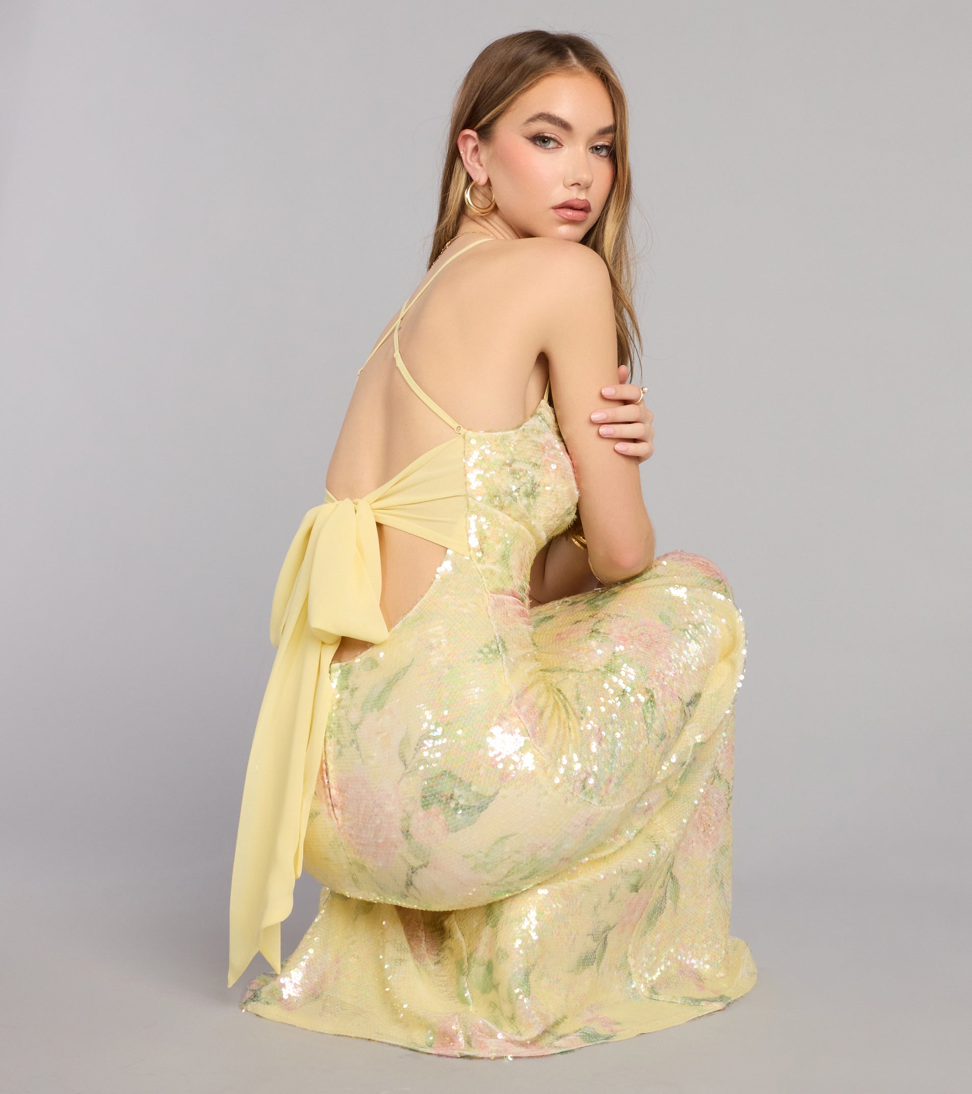Brinley Bow Back Floral Sequin Column Dress
