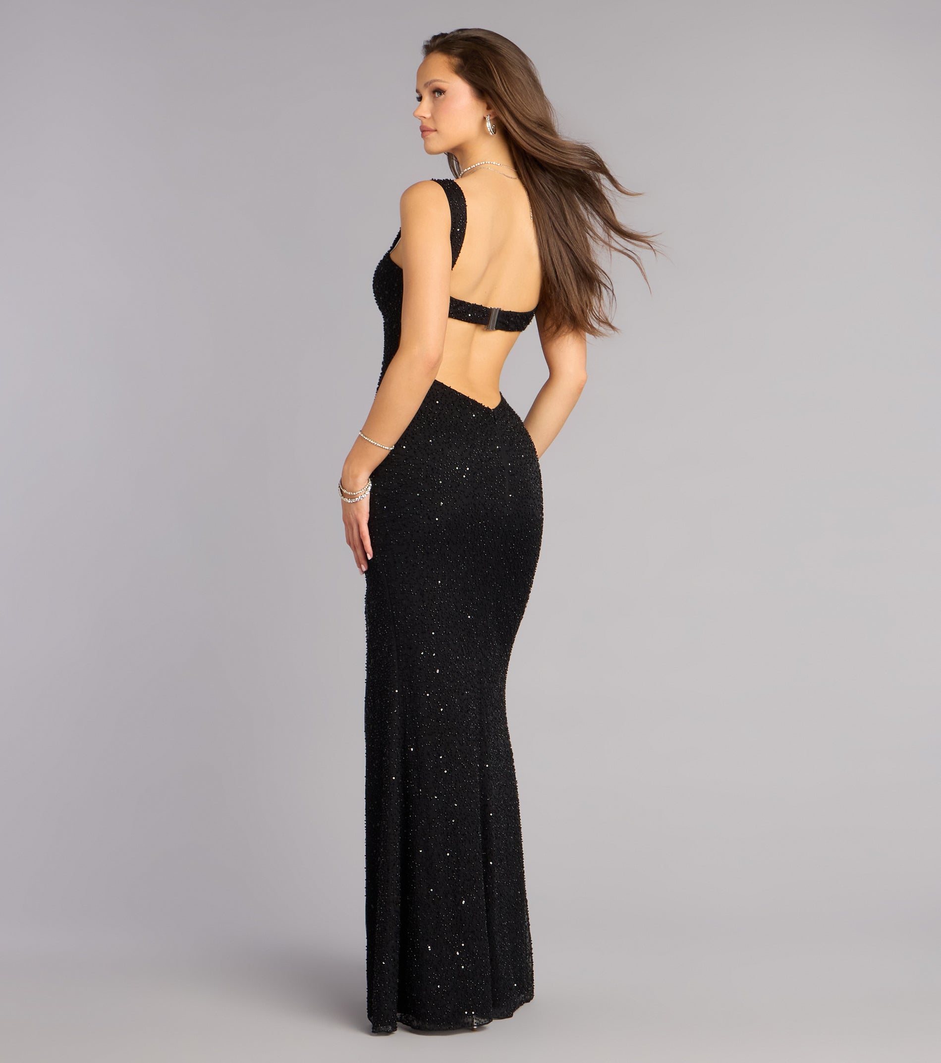 Sonia Mesh Bead Cutout Slit Formal Dress
