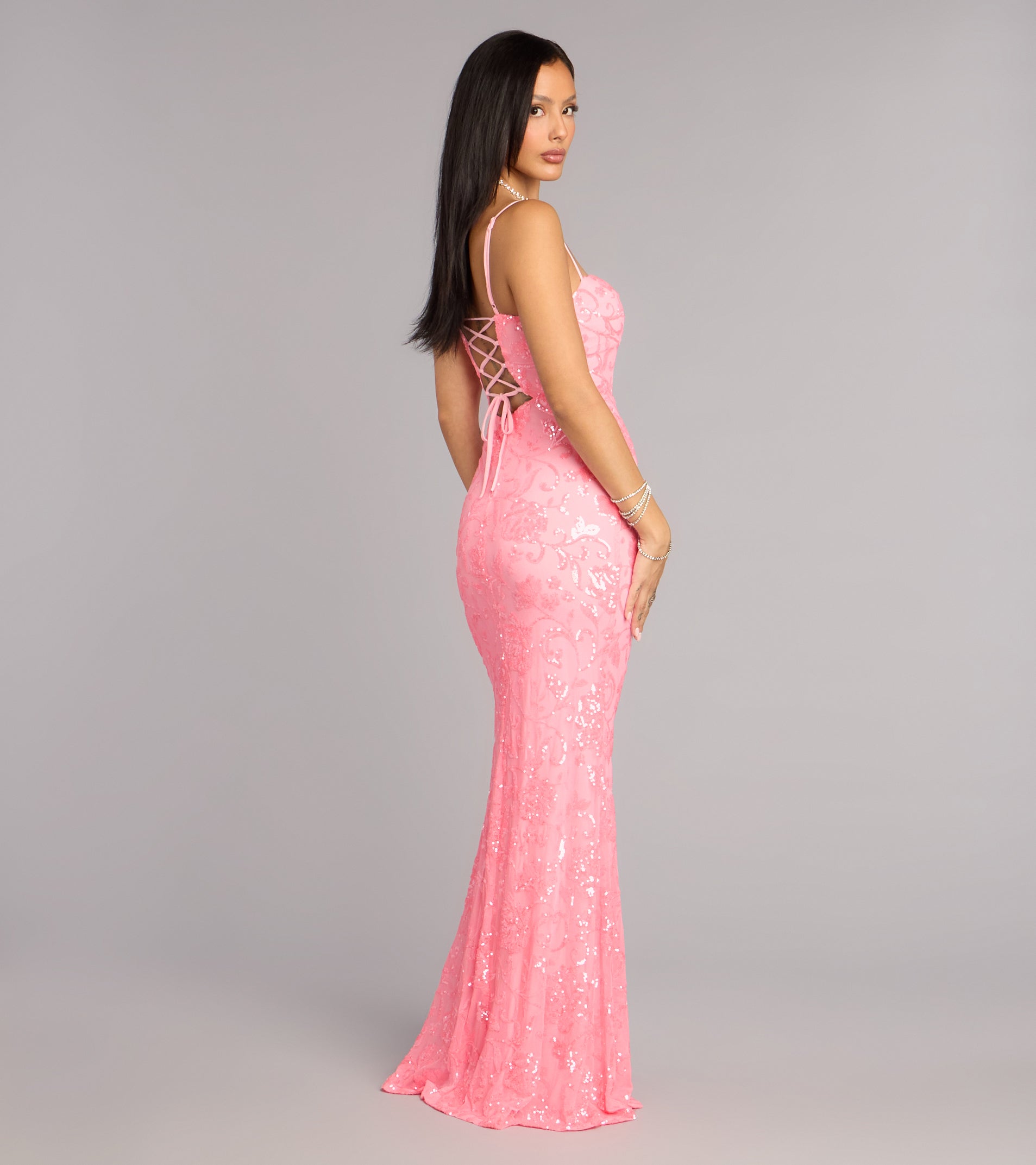 Savanna Floral Sequin Lace-Up Formal Dress