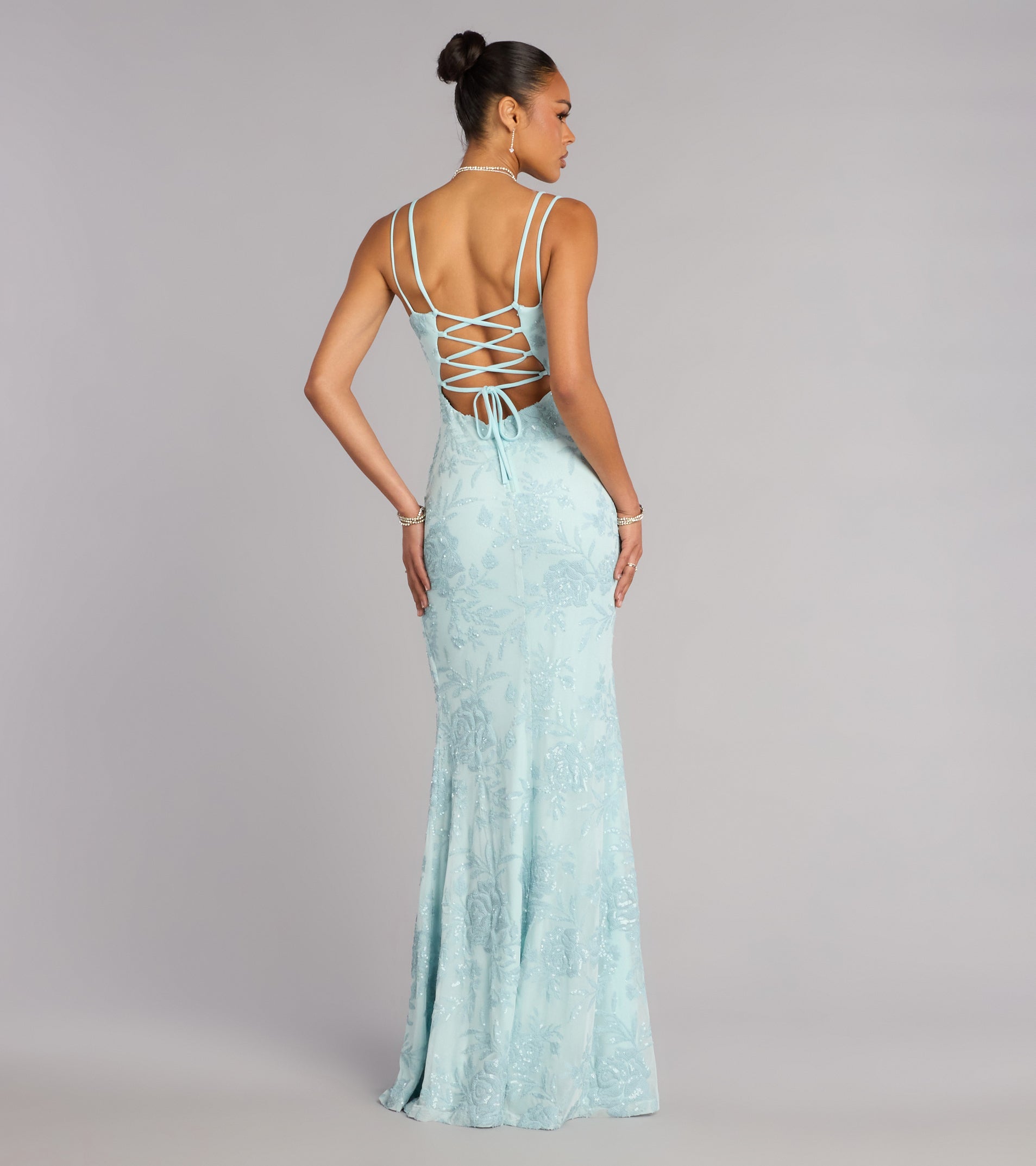 Carla Sequin Lace-Up Formal Dress