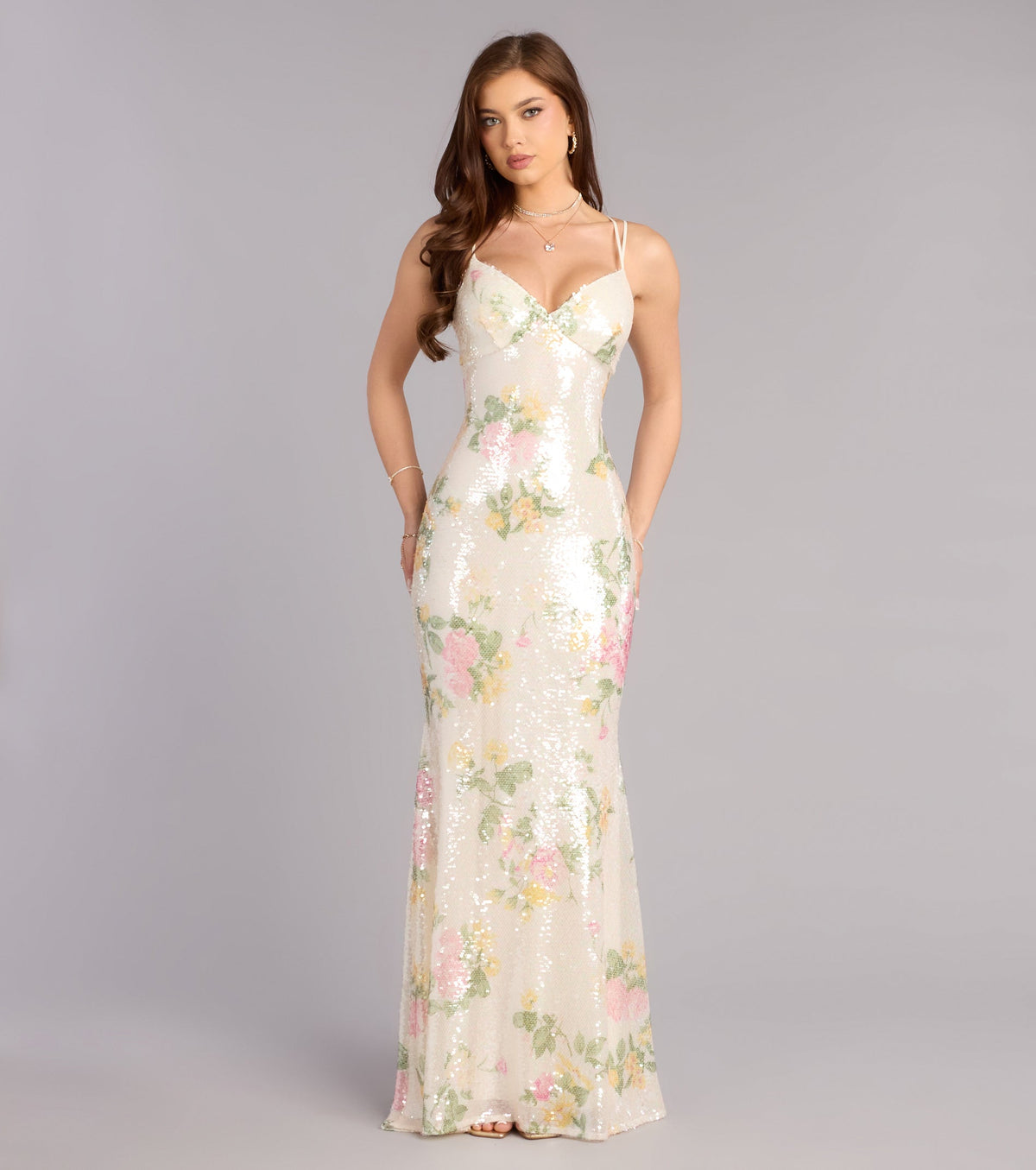 Elora Floral Sequin Lace-Up Mermaid Dress