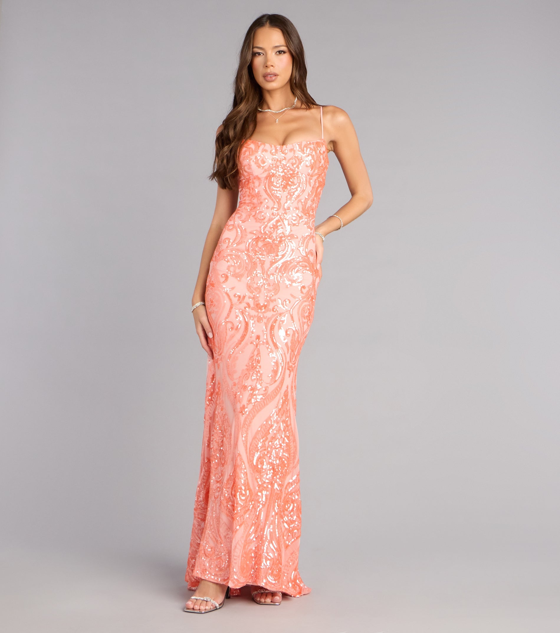Janie Sequin Lace-Up Formal Dress