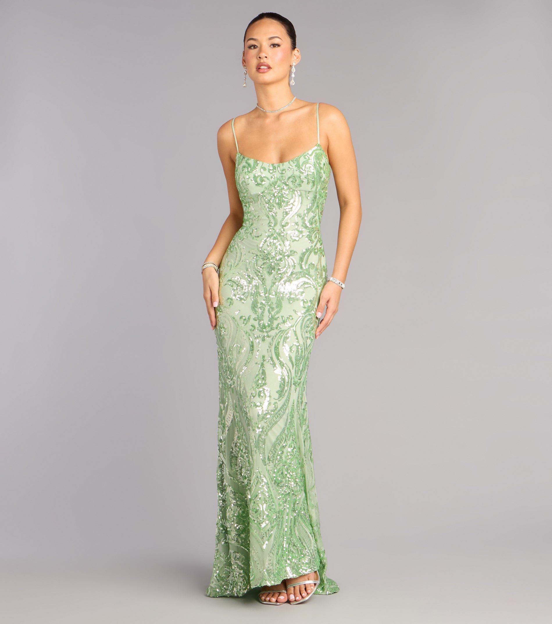 Janie Sequin Lace-Up Formal Dress