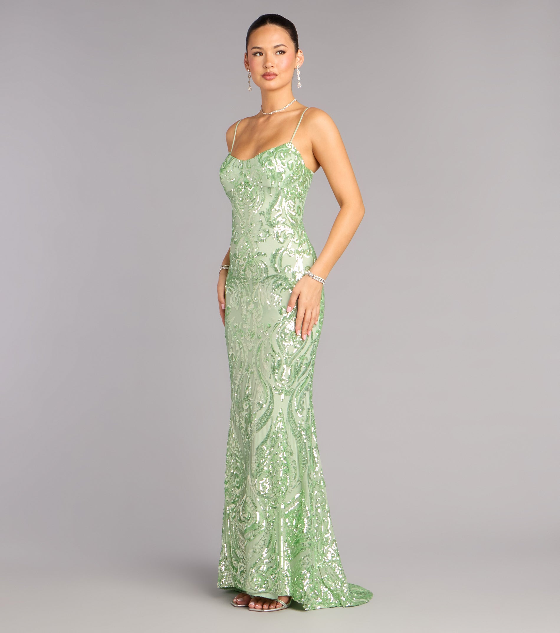 Janie Sequin Lace-Up Formal Dress