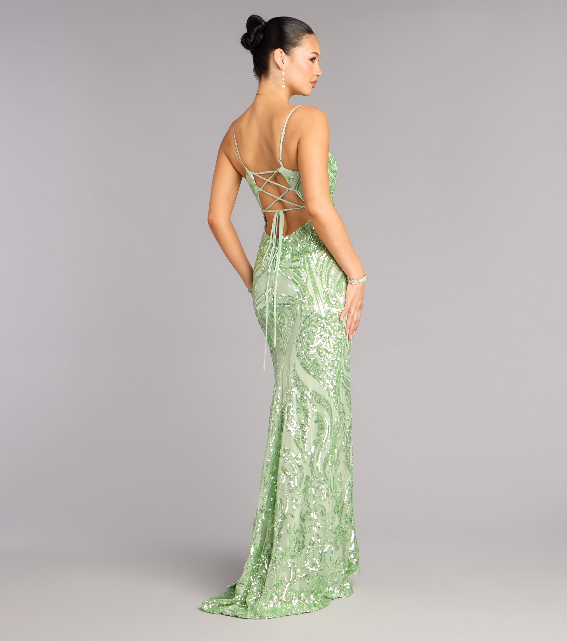Janie Sequin Lace-Up Formal Dress